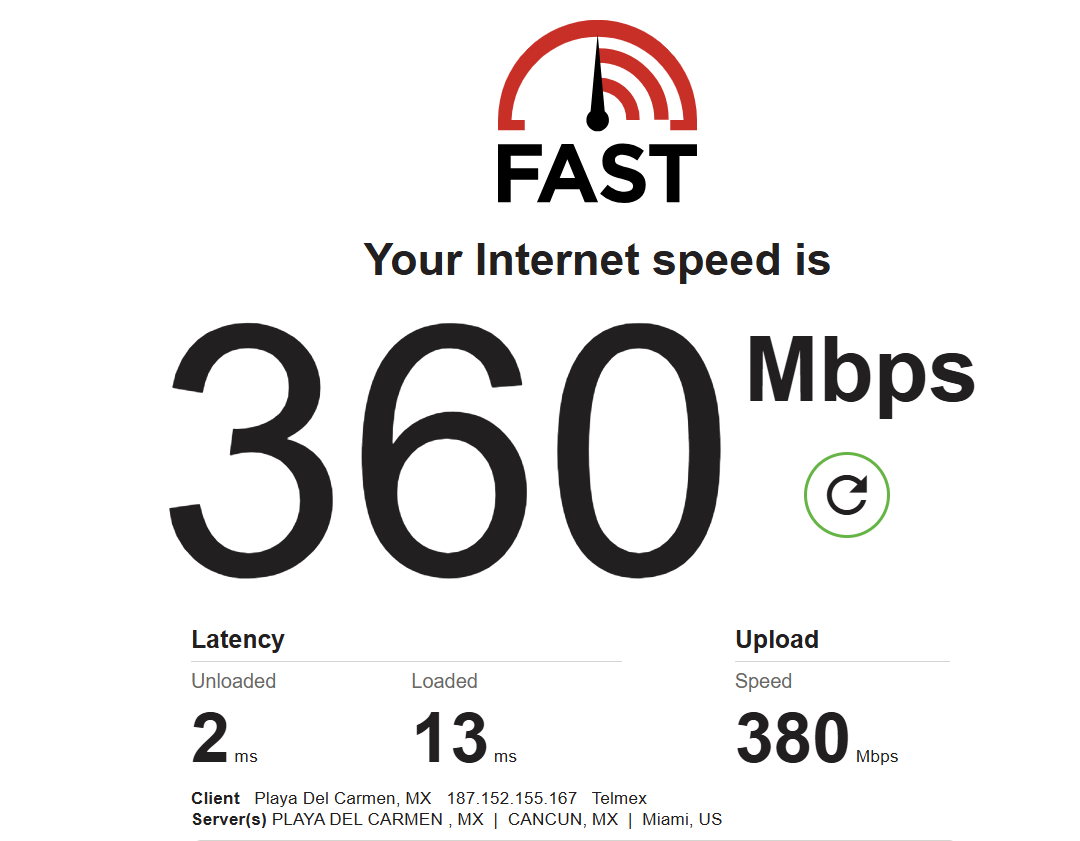 Captured speed test result showing 360 Mbps download, 380 Mbps upload, 2 ms unloaded latency and 13 ms loaded latency